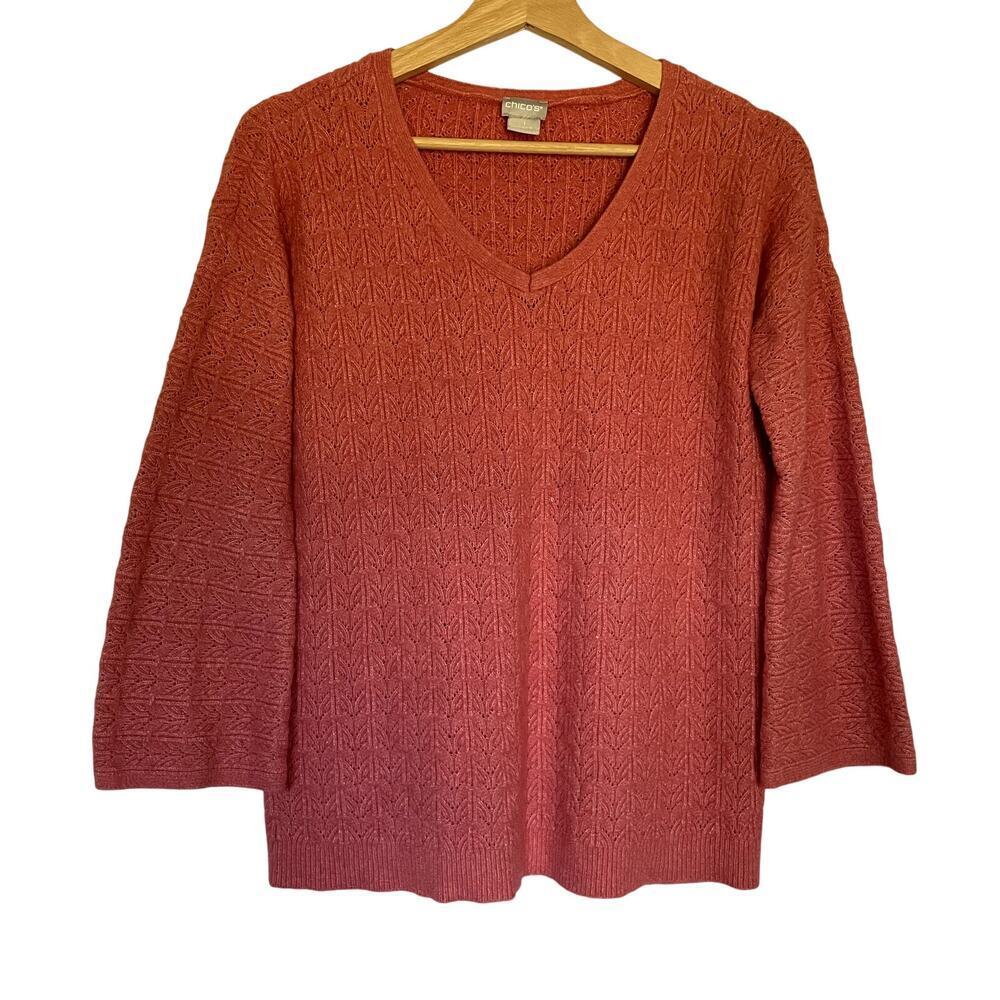 Chico's orange coral chevron knit v-neck pullover sweater women's size medium